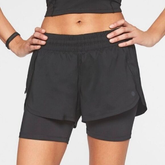 Athleta Racer 2 in 1 Shorts Layered Black Zip Pockets 291755 Women Size XS - Picture 1 of 8